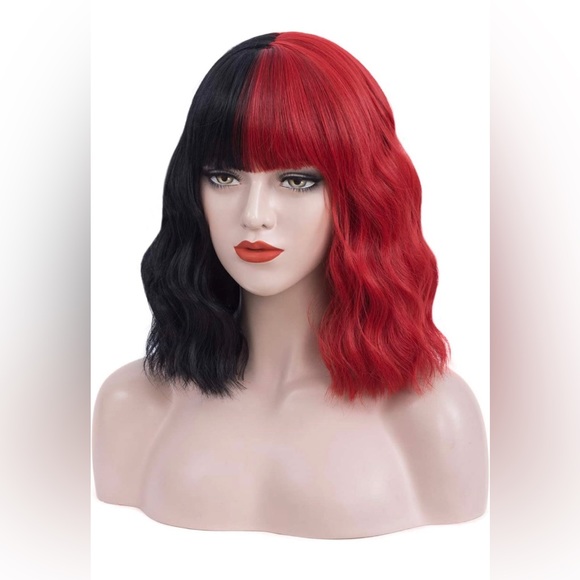 Half Red Half Black Wig Short Curly Wavy Bob Hair Wig w Bangs Cosplay Halloween - Picture 3 of 4
